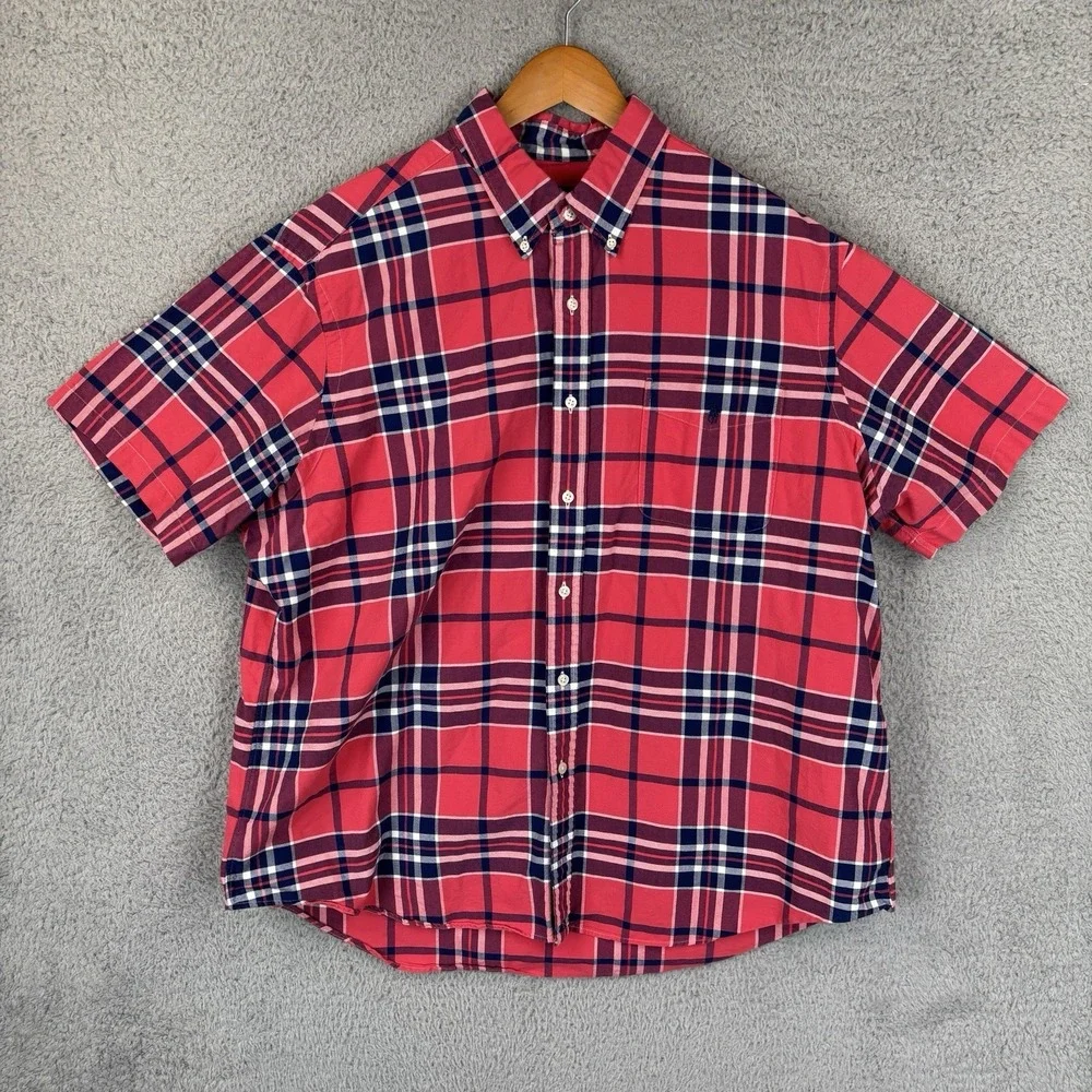 Polo Ralph Lauren Button Down Shirt Mens 2XL Light Red Navy Plaid Cotton Casual